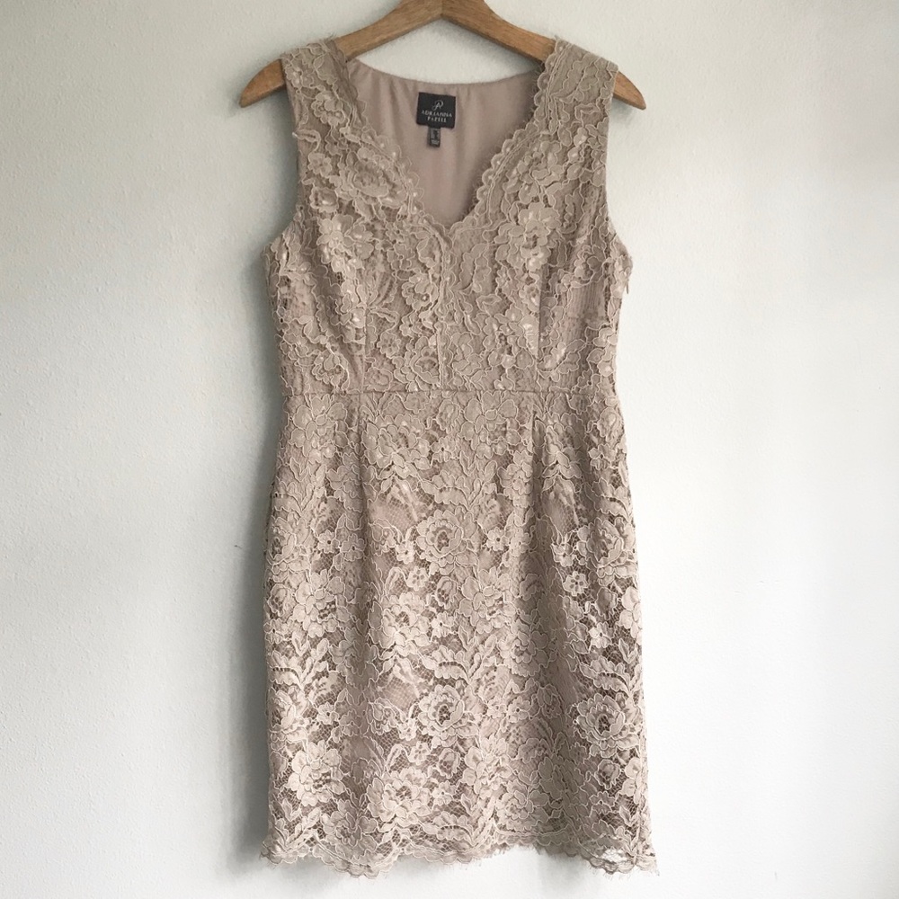 Adrianna Papell Nude Taupe Lace Cocktail Dress